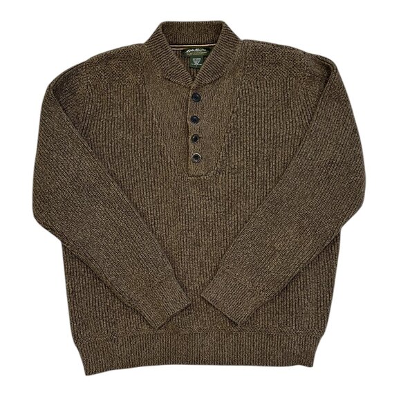 Vintage Eddie Bauer Brown Knit Sweater Men’s L 4 Button Fisherman Cabin Cozy - Picture 1 of 7